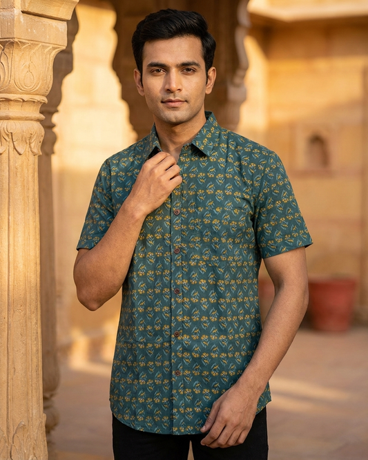 Ethnic Print Cotton Half Sleeves Shirt for Men