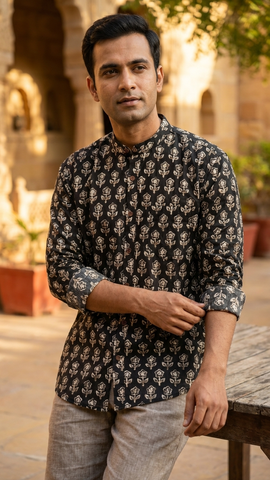 Black Mandarin Collar Floral Shirt for Men