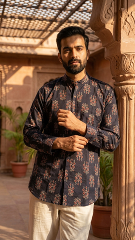 Black Mandarin Collar Floral Cotton Shirt for Men