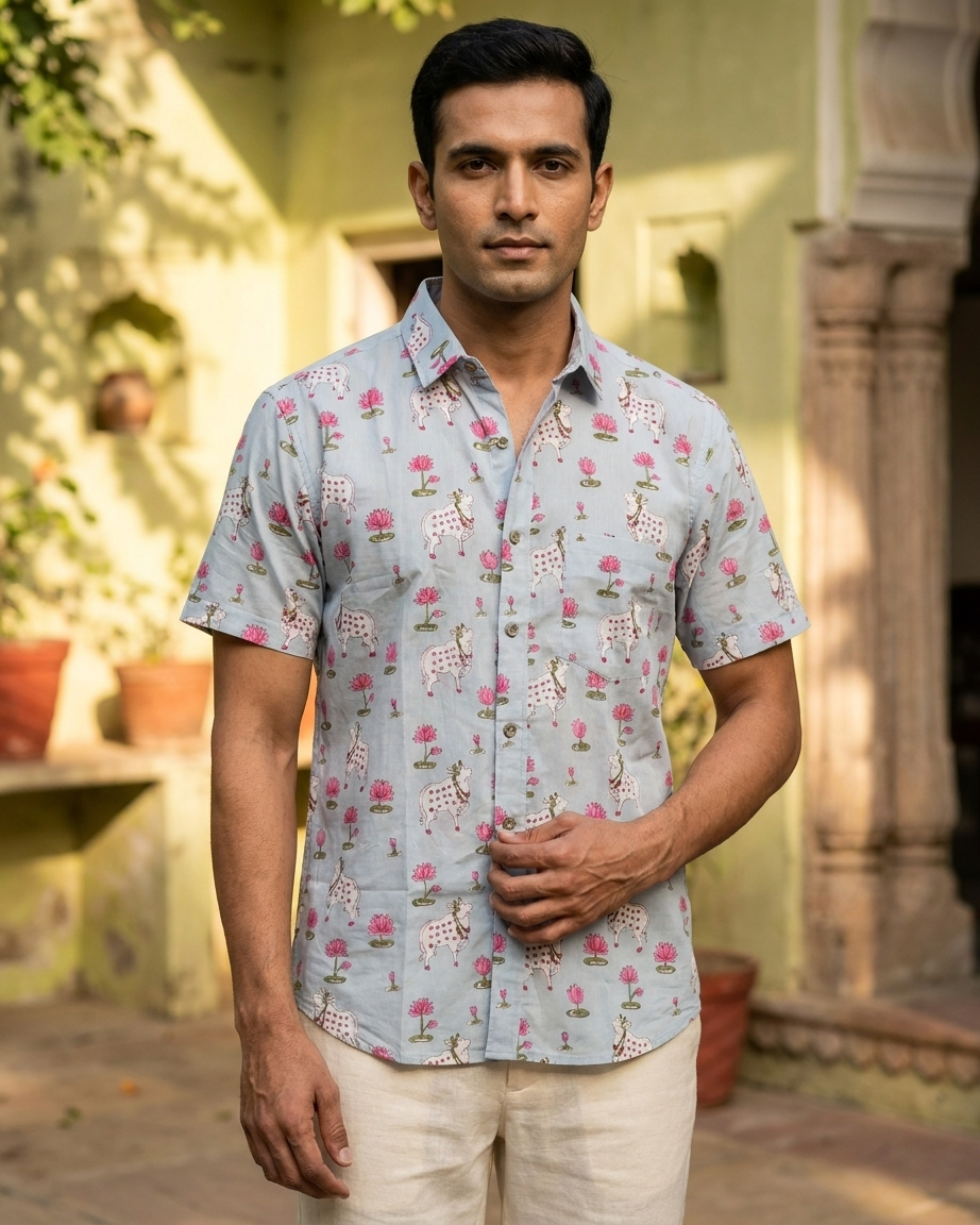 Kartikeya Jaipur Mens Pichwai Cow Print Cotton Shirt