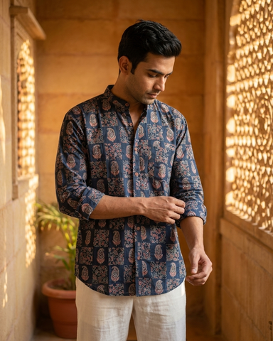 Floral Print Mandarin Collar Cotton Shirt for Men