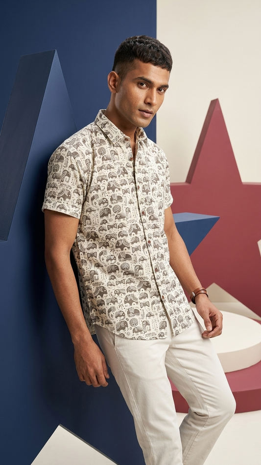 Traditional Elephant Print Cotton Shirt For Man