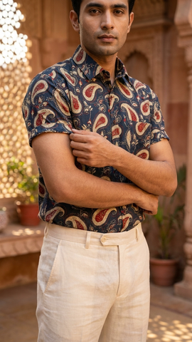 Short Sleeve Kalamkari Print Cotton Shirt For Men