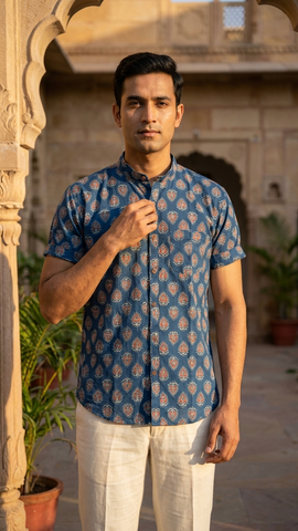 Traditional Mandarin Collar Floral Cotton Shirt for Men