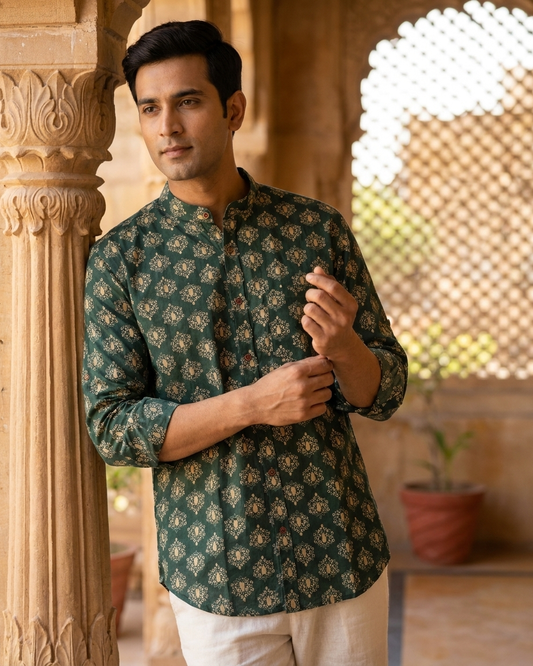Floral Print Mandarin Collar Cotton Shirt for Men