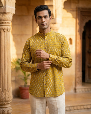 Haldi Print Mandarin Collar Cotton Shirt for Men - Festive Edit