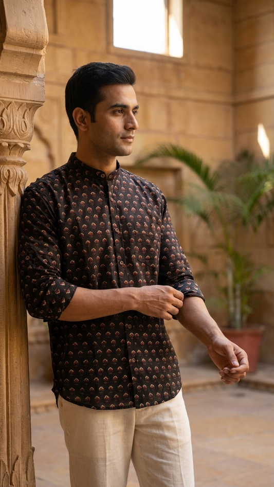 Ajrakh Print Mandarin Collar Cotton Shirt for Men