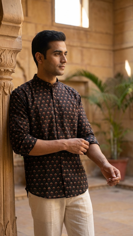 Ajrakh Print Mandarin Collar Cotton Shirt for Men
