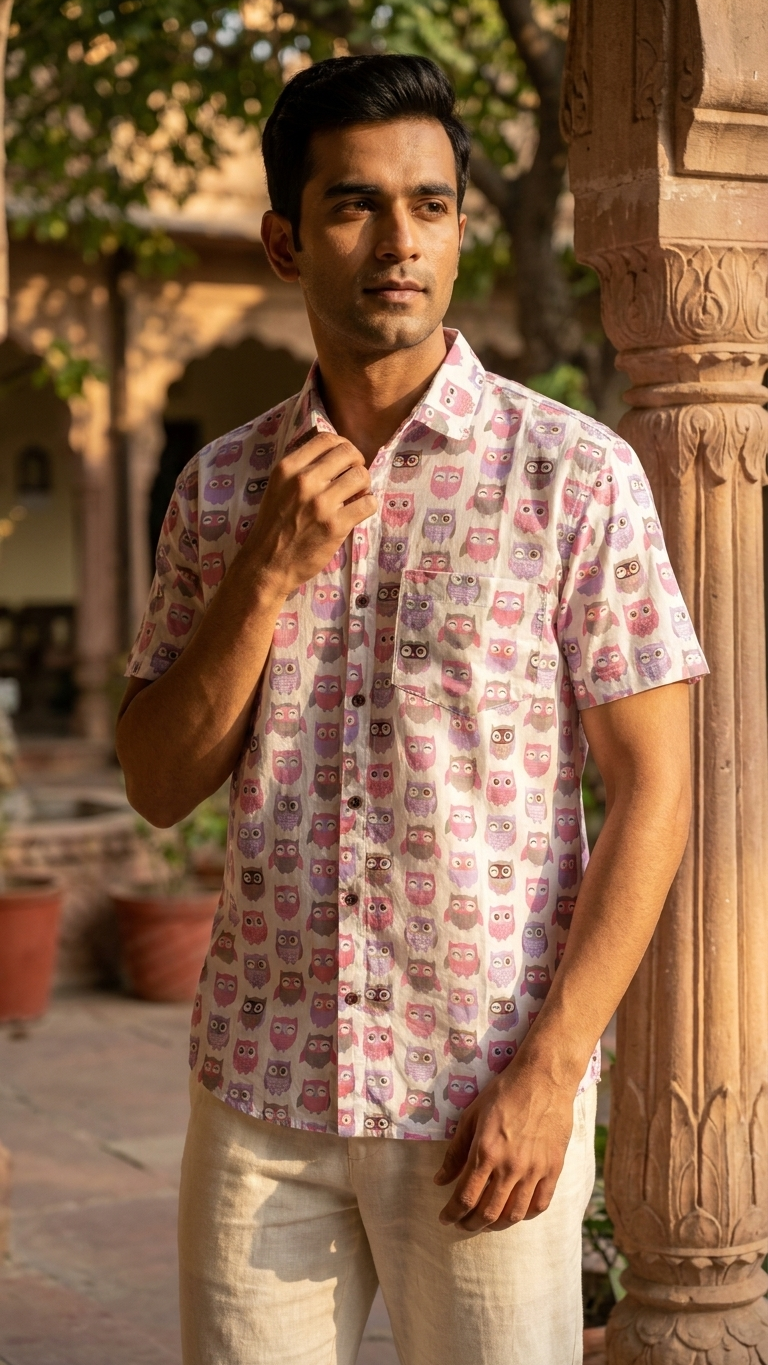 Half Sleeve Shirt for Men in Cute Owl Print