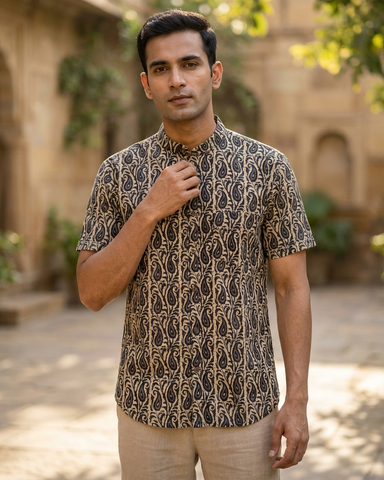 Kalamkari Print Half Sleeve Cotton Shirt for Men - Artist Edit