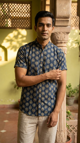 Mandarin Collar Floral Cotton Shirt for Men - Festive Edit