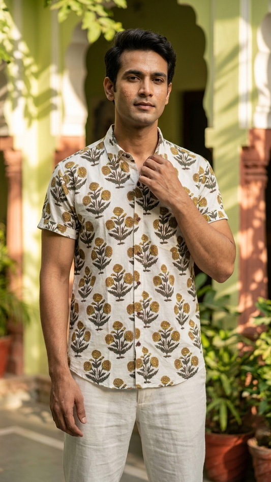 Traditional Print Half Sleeves Cotton Shirt for Men