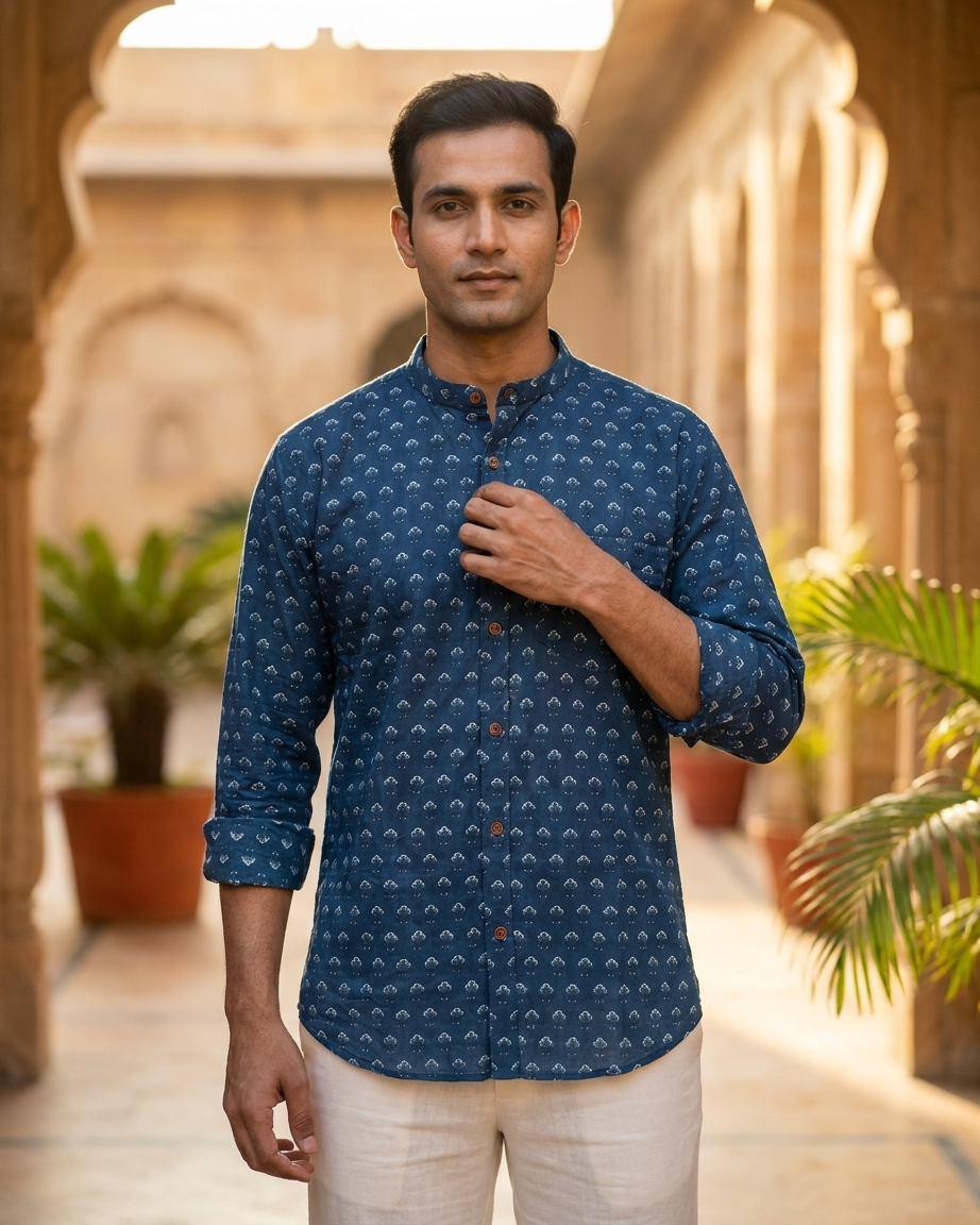 Ajrakh Print Mandarin Collar Cotton Shirt for Men