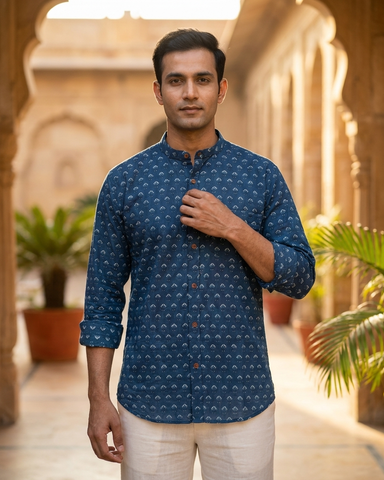 Ajrakh Print Mandarin Collar Cotton Shirt for Men