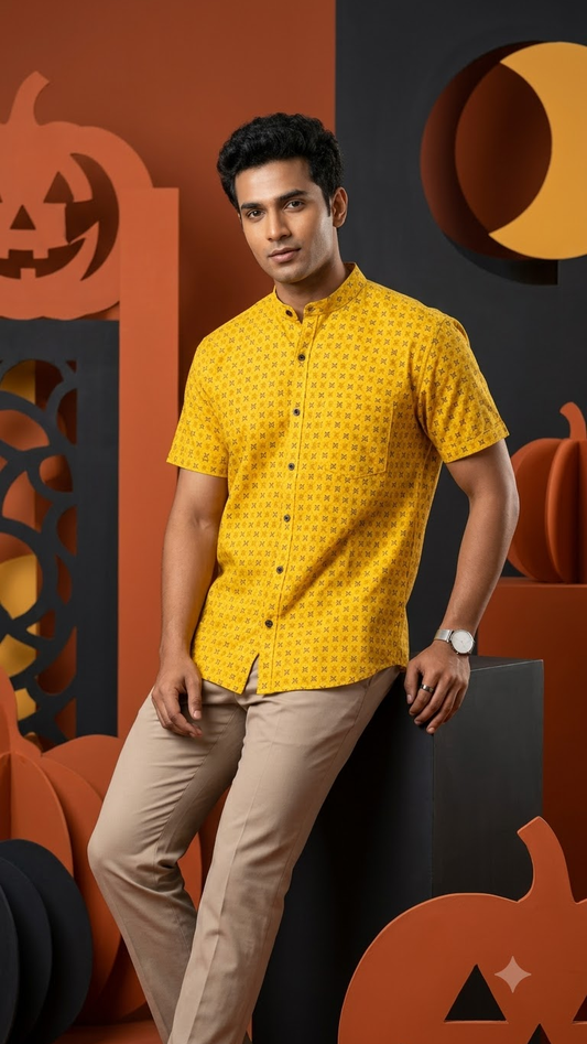 Haldi Print Half Sleeve Cotton Shirt for Men - Mandarin