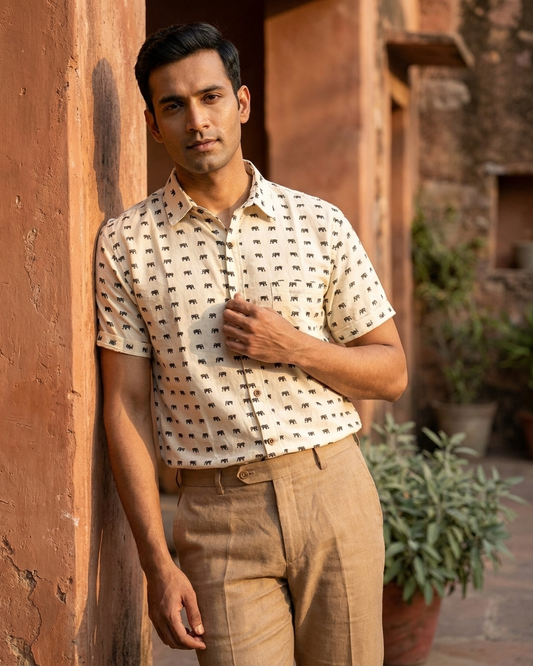 Small Elephant Print Cotton Half Sleeves Shirt for Men