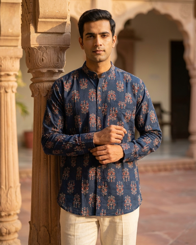 Ajrakh Print Mandarin Collar Cotton Shirt for Men