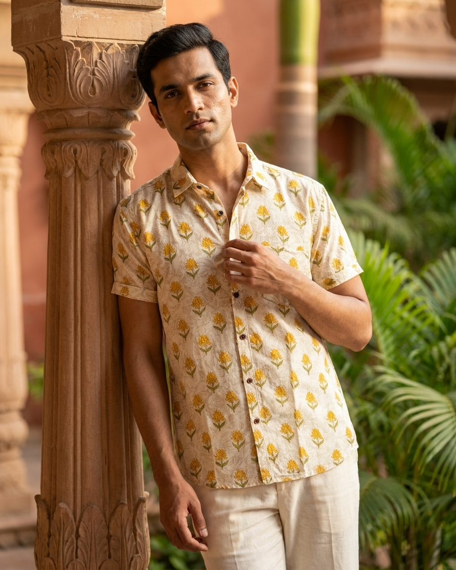 Traditional Print Half Sleeves Cotton Shirt for Men