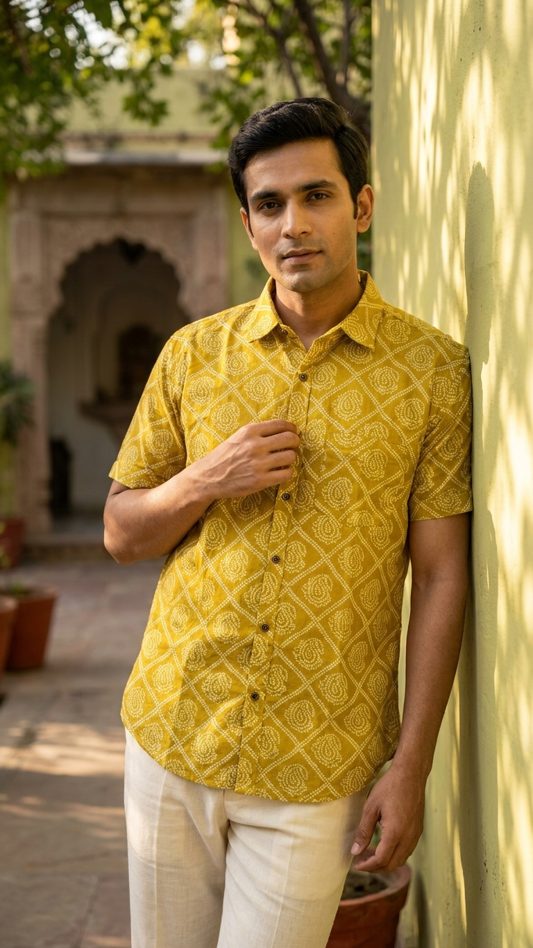 Bandhej Print Classic Cotton Shirt for Men - Mehandi Ceremony