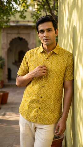 Bandhej Print Classic Cotton Shirt for Men - Mehandi Ceremony