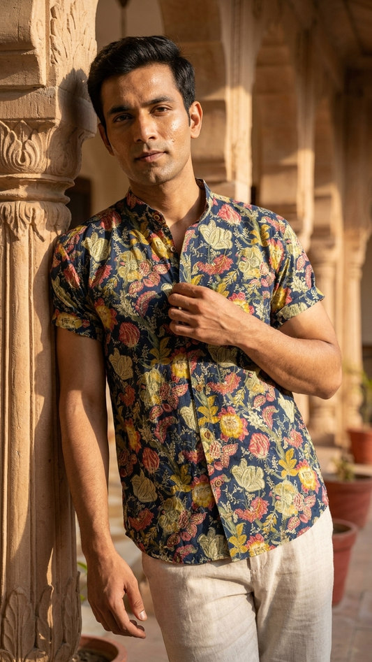Mandarin Collar Floral Cotton Shirt for Men - Goa Edit