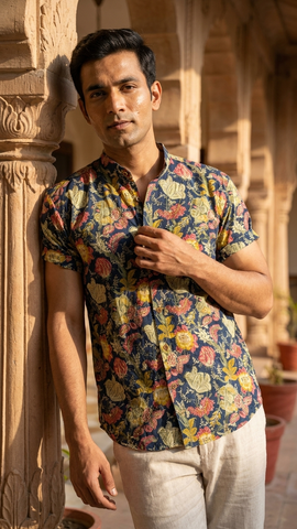 Mandarin Collar Floral Cotton Shirt for Men - Goa Edit