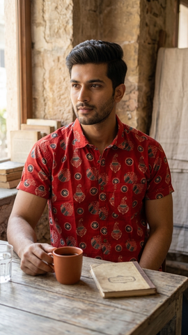 Batik Print Traditional Cotton Shirt For Men - By Kartikeya Jaipur