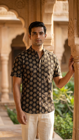Mandarin Collar Floral Cotton Shirt for Men - Festive Edit