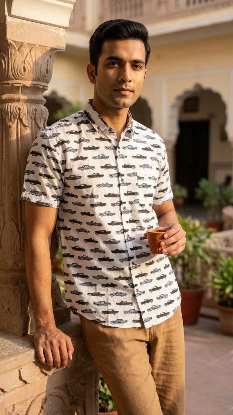 Handcrafted Car Print Vintage Cotton Shirt for Men