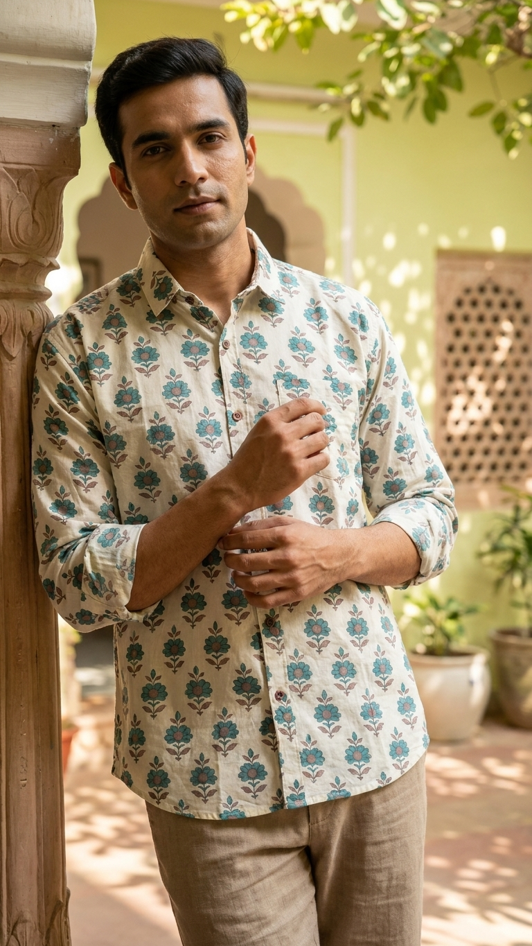 White Floral Print Cotton Full Sleeves Shirts for Men