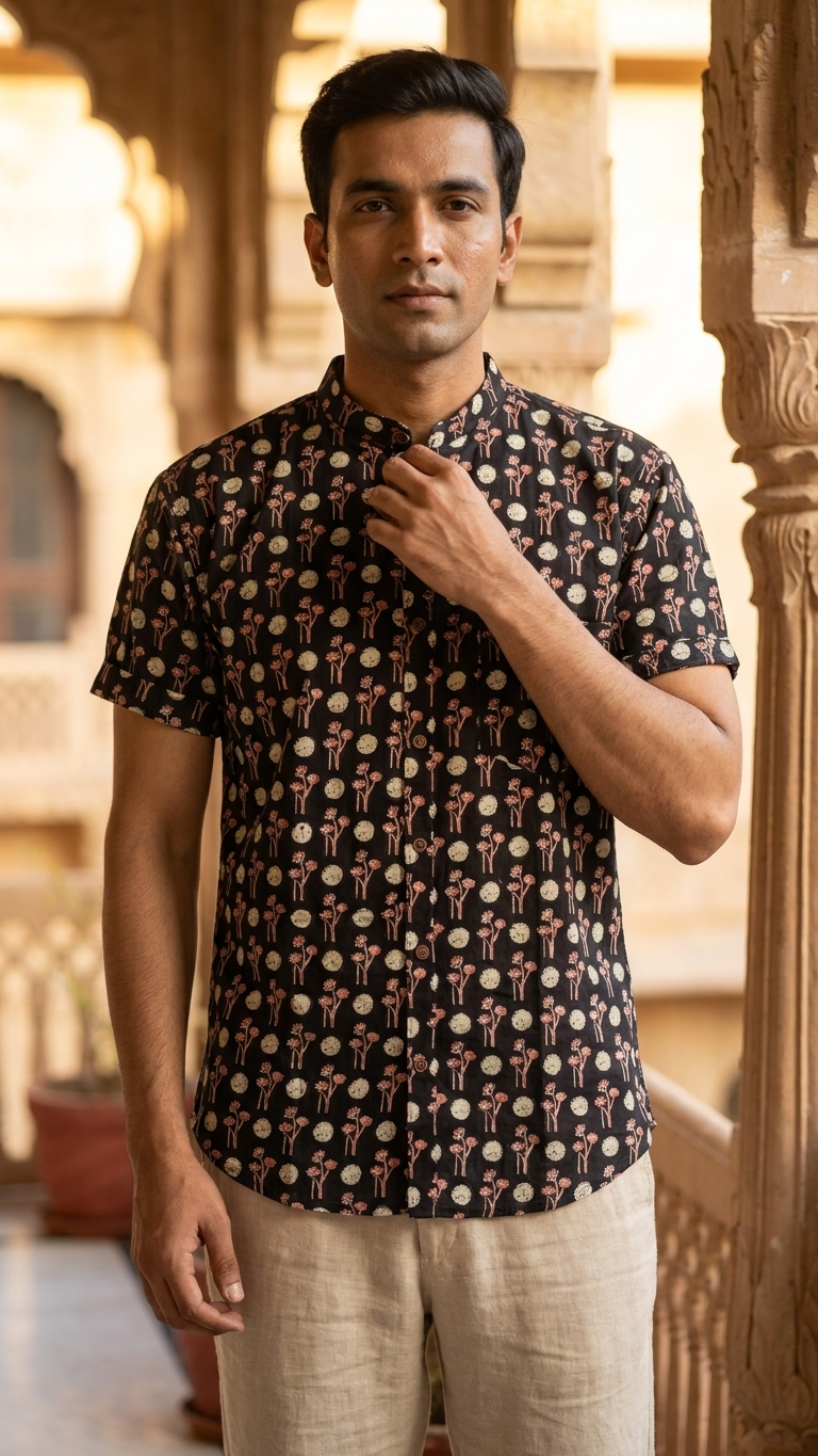 Polka Mandarin Collar Floral Cotton Shirt for Men