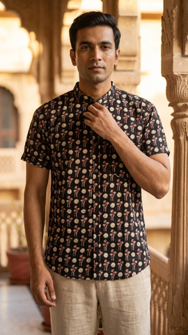 Polka Mandarin Collar Floral Cotton Shirt for Men