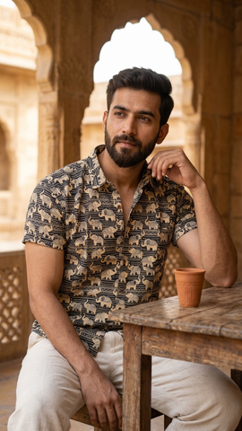 Traditional Elephant Print Cotton Shirt For Men