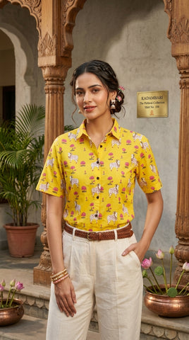 Pichwai Cow Printed Cotton Half Sleeve Shirt For Women