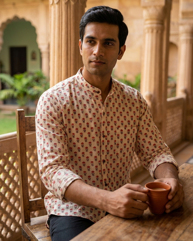Floral Print Mandarin Collar Cotton Shirt for Men