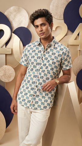 Traditional Vintage Elephant Print Cotton Shirt for Men