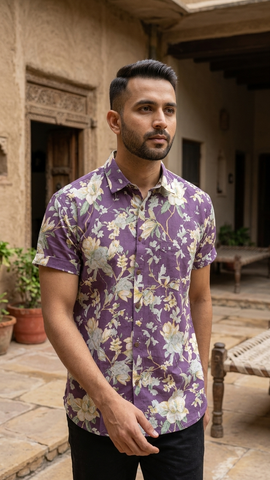 Purple Classic Floral Print Shirt For Mens By Kartikeya Jaipur - Goa Vibe