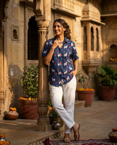 Womens Pichwai Cow Print Cotton Half Sleeves Shirt