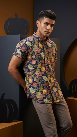 Mandarin Collar Floral Cotton Shirt for Men - Goa Edit