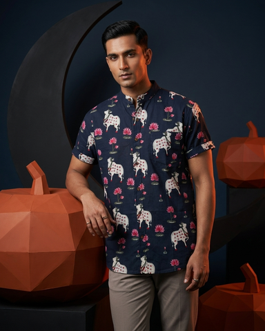 Pichwai Cow Half Sleeve Cotton Shirt for Men