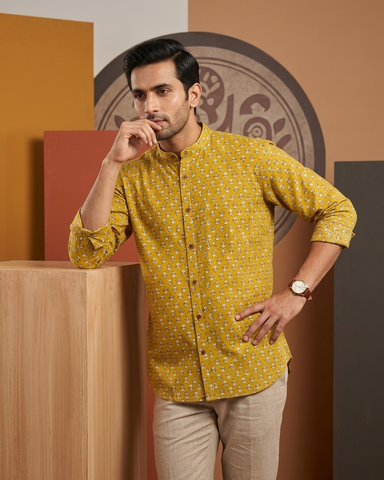 Haldi Print Mandarin Collar Cotton Shirt for Men - Festive Edit