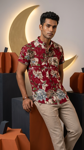 Classic Red Mandarin Collar Floral Cotton Shirt for Men - Goa Edit