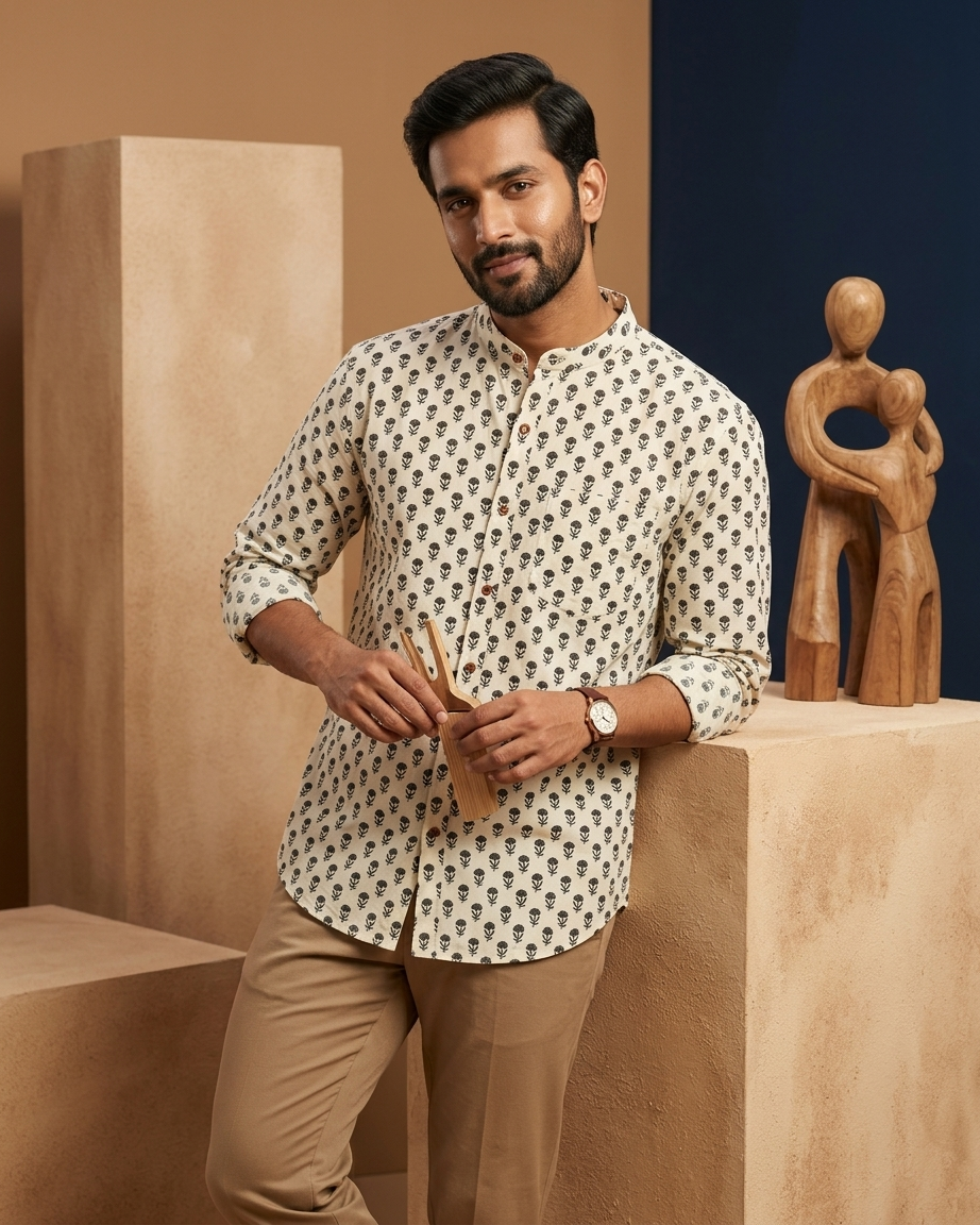 Small Floral Print Mandarin Collar Cotton Shirt for Men