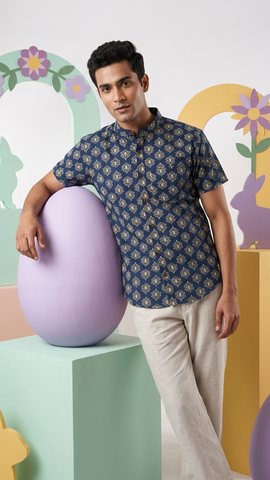 Mandarin Collar Floral Cotton Shirt for Men - Festive Edit