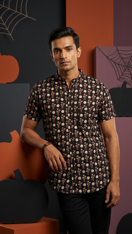 Polka Mandarin Collar Floral Cotton Shirt for Men