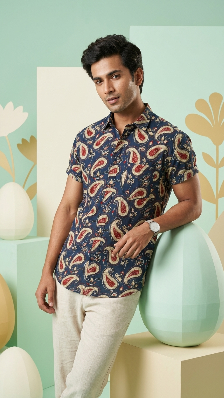Short Sleeve Kalamkari Print Cotton Shirt For Men