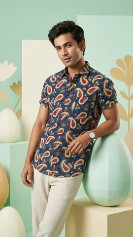 Short Sleeve Kalamkari Print Cotton Shirt For Men