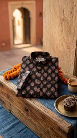 Kalamkari Print Half Sleeve Cotton Shirt for Men - Mandarin