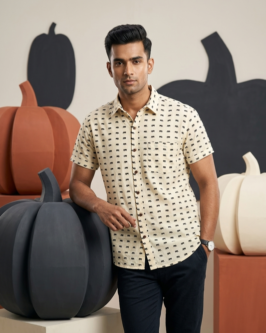 Small Elephant Print Cotton Half Sleeves Shirt for Men