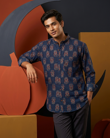 Ajrakh Print Mandarin Collar Cotton Shirt for Men